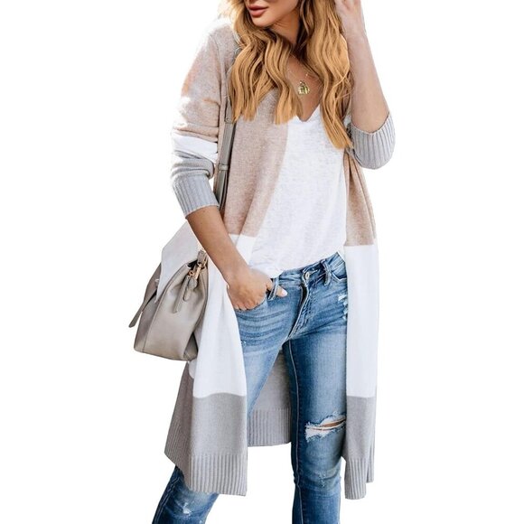 Women’s Boho Colorblock Open Front Cardigan Long Sleeve Light Sweater